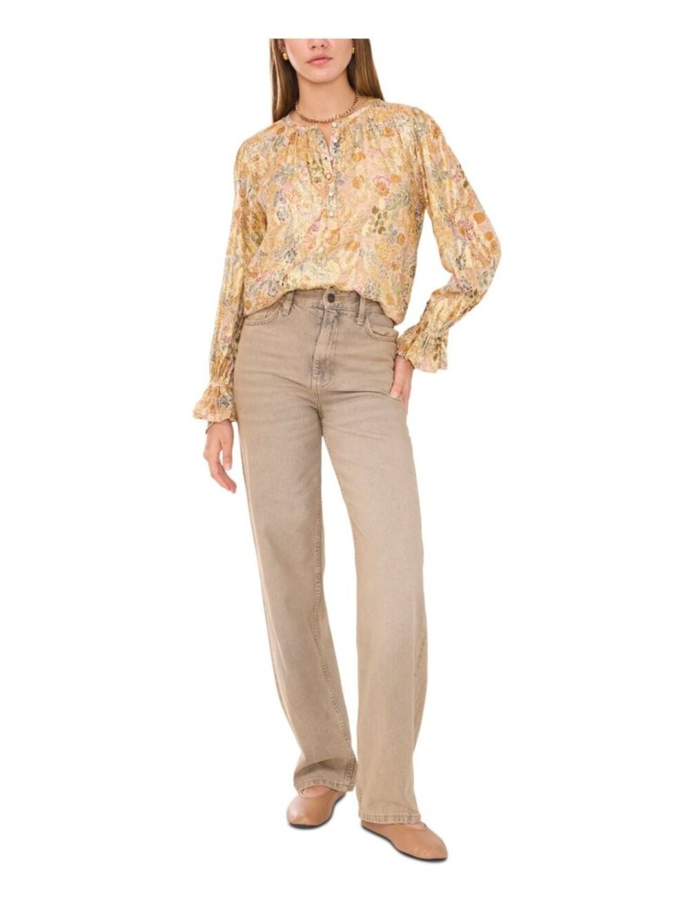 1.STATE Women's Printed Button-Front Long Sleeve Blouse Spice Beige Size S $89 - Picture 3 of 5